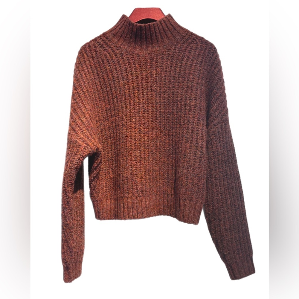 Express Marled Knit Mock Neck Cropped Sweater - Burgundy - Small